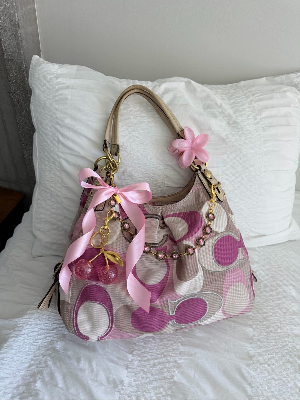 Vintage Coach Maggie Linen Canvas Hobo Shoulder Bag w/Gold Hardware